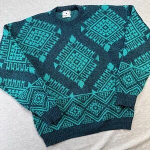 Vintage Robert Bruce Sweater Mens XLT Teal Green Aztec Geometric Chunky Knit